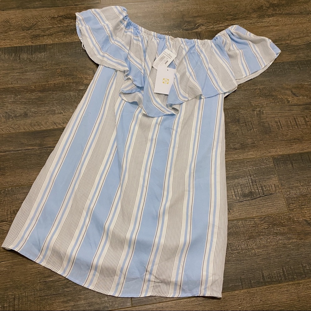 Where Are You From WAYF Blue White Striped Dress Beachy Off Shoulder Size Medium